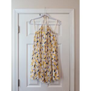 Helen Wang Silk Halter Mini Dress Size 8 Yellow Blue Print Flowy Boho Luxury